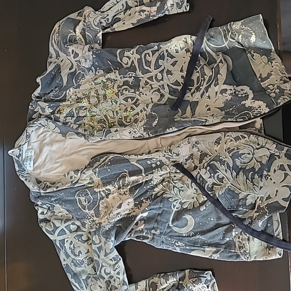 Green floral print sweater with jewels on front